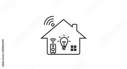 Simple line art illustration of a smart home with wireless connectivity and a lightbulb.