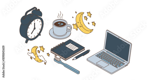 Workplace essentials with coffee and banana on white background.