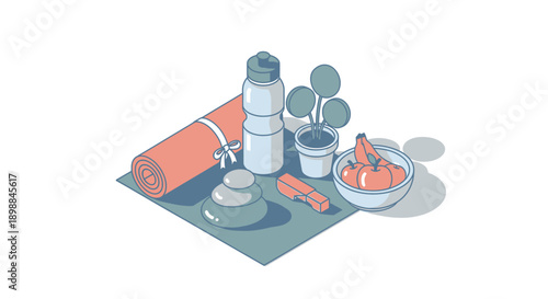 Camping gear and food on a picnic blanket outdoors.