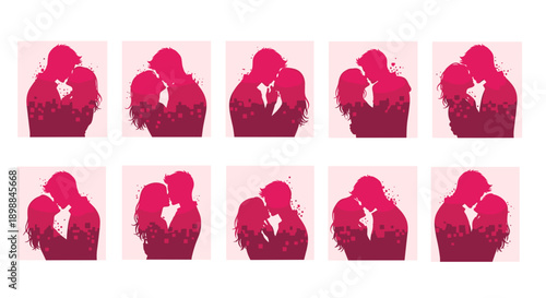 Collection of pink silhouette couples in romantic embrace and love
