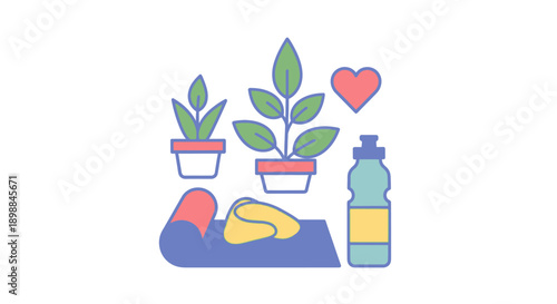 Simple illustration of self care routine with plants and hygiene products.