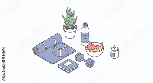 Fitness and wellness essentials including yoga mat dumbbell and healthy food.