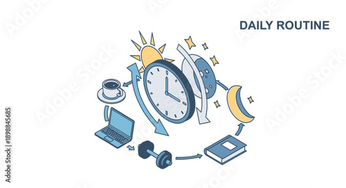 Daily Routine Clock with Devices and Time Management.