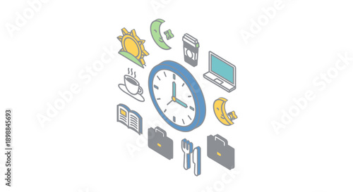 Time management concept with clock and daily activities.