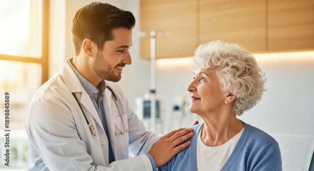 Fototapeta premium Doctor consulting with an elderly patient in a medical office setting.