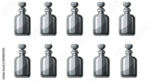 Set of ten glass bottles with stoppers arranged in two rows