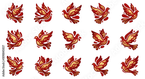 Set of twelve stylized phoenix illustrations with fiery details