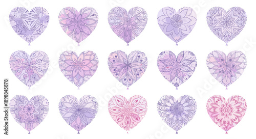 Set of 12 purple and pink textured heart illustrations