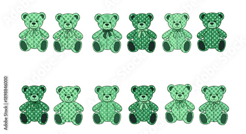Set of ten green teddy bears with polka dot patterns