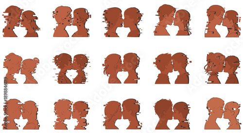 Set of brown teddy bear silhouettes in various poses and angles