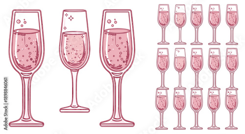 Set of pink champagne glasses with bubbly drink