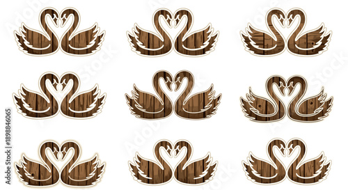 Set of nine elegant swan illustrations with symmetrical design