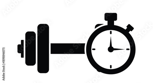 A black silhouette depicting a dumbbell combined with a stopwatch icon