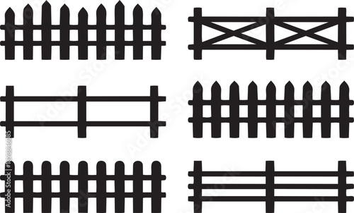 Fence Variety in Silhouette: A collection of various fence designs, each silhouetted against a plain backdrop, presenting a range of choices for property boundaries or decorative elements. 