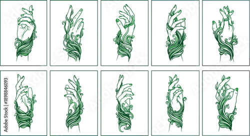 Collection of detailed green line drawings of human hand gestures