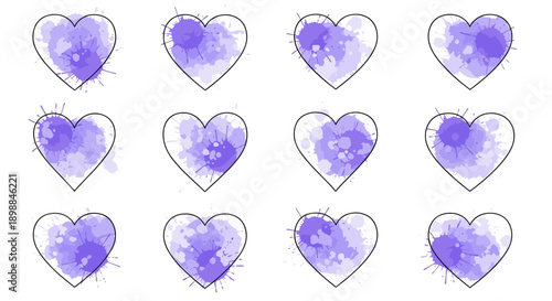 Collection of watercolor purple hearts with splashes and strokes