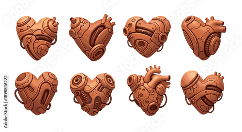 Set of eight decorative heartshaped clay ornaments with intricate patterns