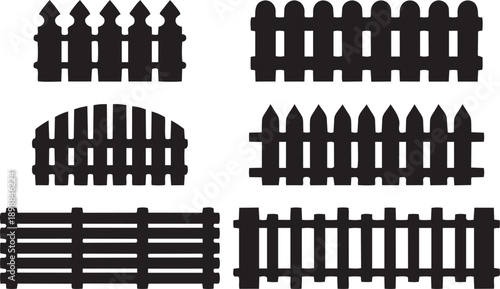 Wooden Fence Variety: A collection of various wooden fence styles in a stark black and white, presenting a minimalist design for landscaping projects. 