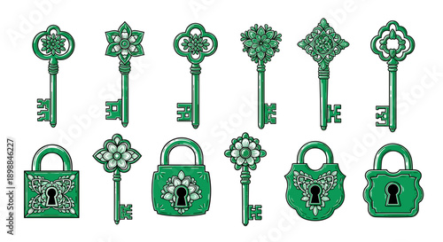Collection of vintage green keys with ornate designs and shapes