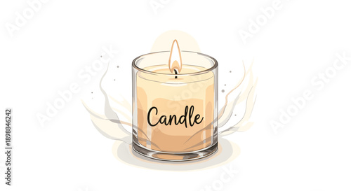 Lit candle in glass holder with flame