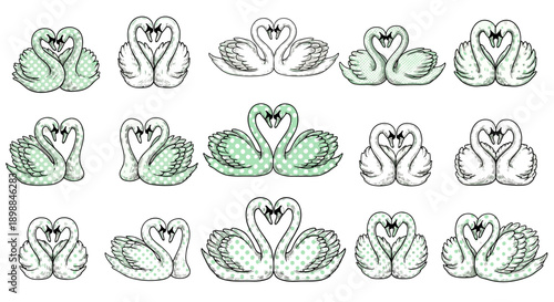 Set of illustrated swans forming heart shapes with elegant design