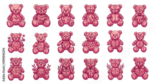 Collection of pink teddy bears arranged in a grid pattern