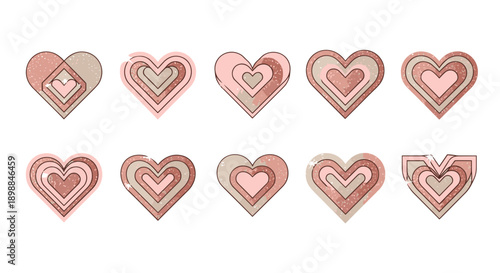 Set of nine pink and beige heartshaped cookies with decorative patterns
