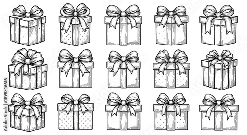 Set of handdrawn gift boxes with bows and ribbons for celebration