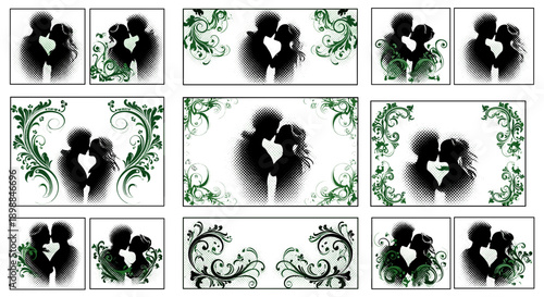 Silhouette of a couple with floral and vine decorations