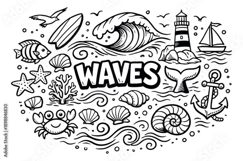 Hand drawn line art marine elements set featuring waves, sea creatures, and beach items for summer vacation