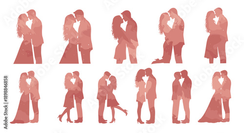 Set of ten pink silhouette images of couples in various romantic poses