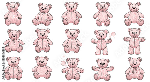 Collection of pink teddy bears with different poses and expressions