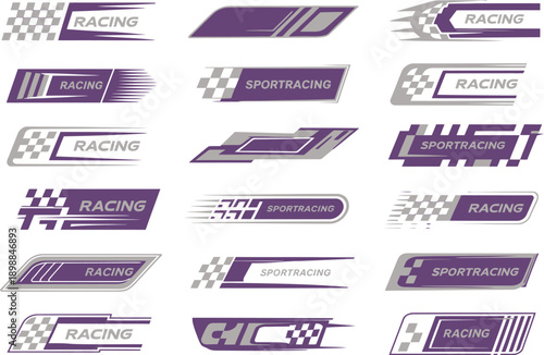 Sport stripe vector set, dynamic race car vinyl design templates with badges and emblem collection for automotive branding, motorsport graphics, custom car wraps, and vehicle decoration