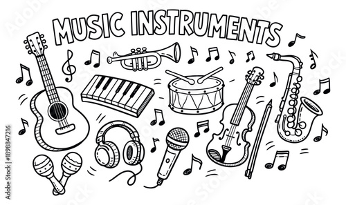 Hand drawn line art music instruments set featuring a collection of musical instruments and notes for music education and entertainment