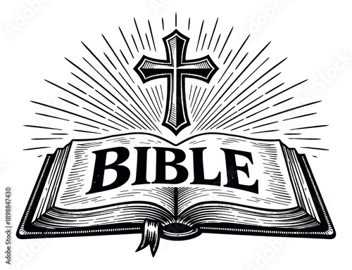 Hand drawn line art illustration of an open bible and cross depicting religious symbolism with radiating light for christianity and spirituality