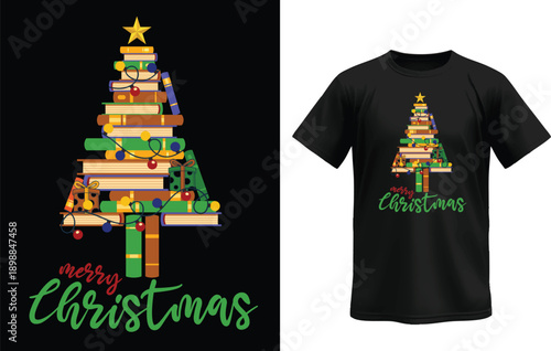Book Lover Christmas Tree with Books Merry Christmas T-Shirt