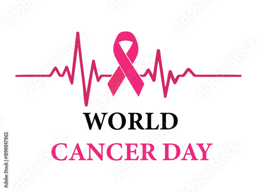 World Cancer Day vector illustration with pink awareness ribbon and heartbeat line on transparent background, medical support concept