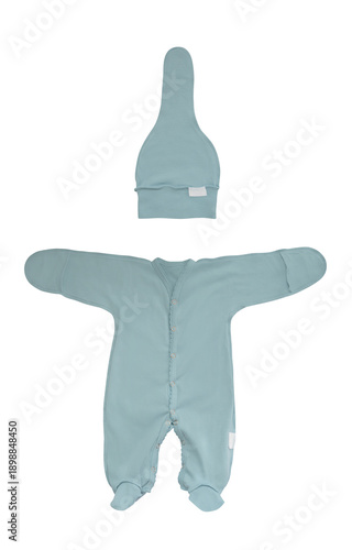 Blue cotton romper suit with long sleeves and covered feet for newborns. Set with knotted cap isolated on white background