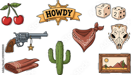 Western Cowboy Elements Set with Revolver Cactus Skull Dice and Howdy Sign, Flat Vector Illustration