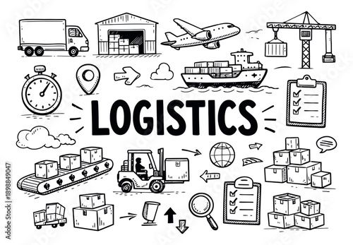 Hand drawn line art logistics set featuring various transportation modes and delivery operations for global supply chain