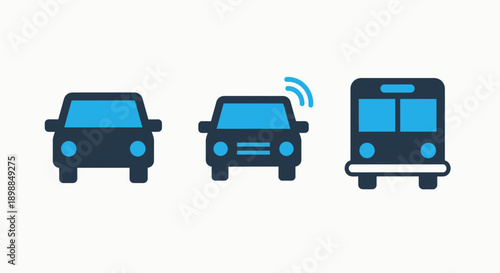 Smart transportation icons: autonomous car with wifi signal, electric car, and bus for future mobility concepts.