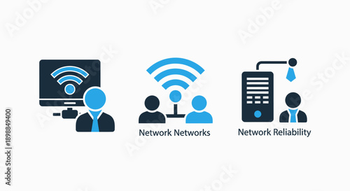 Network and Connectivity Icons: Computer with Wi-Fi, People Connected by Wireless, and Server with Tie for IT and Communication