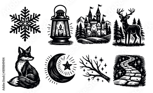Vintage woodcut style winter fairy tale set featuring animals, landscapes, and magical elements for holiday designs