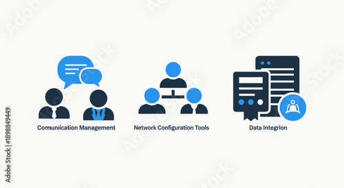 Business and Network Icons: Communication Chat Bubbles, Network Configuration, and Data Integration for Collaboration
