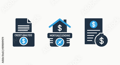 Finance and Mortgage Icons: Credit Analysis Document, Mortgage Lending House, and Dollar Bill for Banking and Real Estate