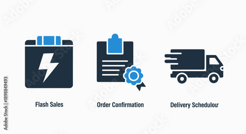Commerce and Logistics Icons: Flash Sales Lightning, Order Confirmation Badge, and Delivery Truck for E-commerce and Shipping