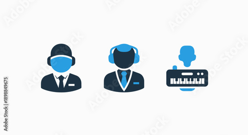 Customer Service and Music Icons: Support Agent, Headphones, and Keyboard - Professional Setting