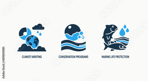 Icons illustrating climate variations, conservation programs, and marine life protection, suitable for environmental and ecological themes.