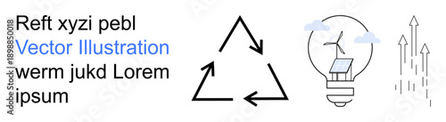 Sustainability, renewable energy, recycling, eco-friendly concepts, innovation, environmental consciousness. Black arrows form the classic recycling symbol, light bulb with solar panel and wind
