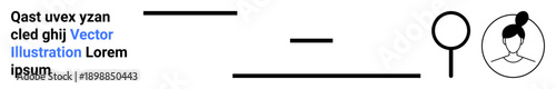 Research, identity verification, analysis, personal data, focus, visualization. Black horizontal lines, profile icon and magnifying glass. Identity verification and personal data focus concept